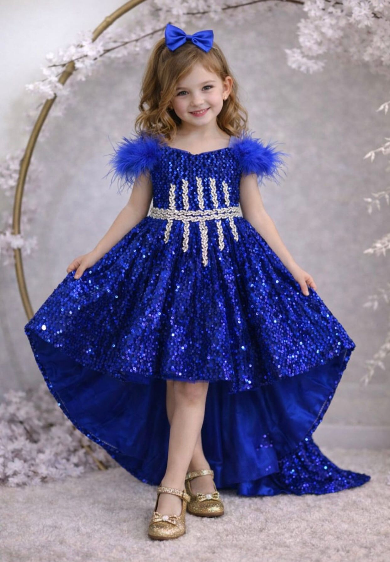 Violet - Kuyruklu Gece Mavisi Işıltılı Prenses Elbisesi - 1 Yaş / 12 Yaş - Kişiye Özel Üretim