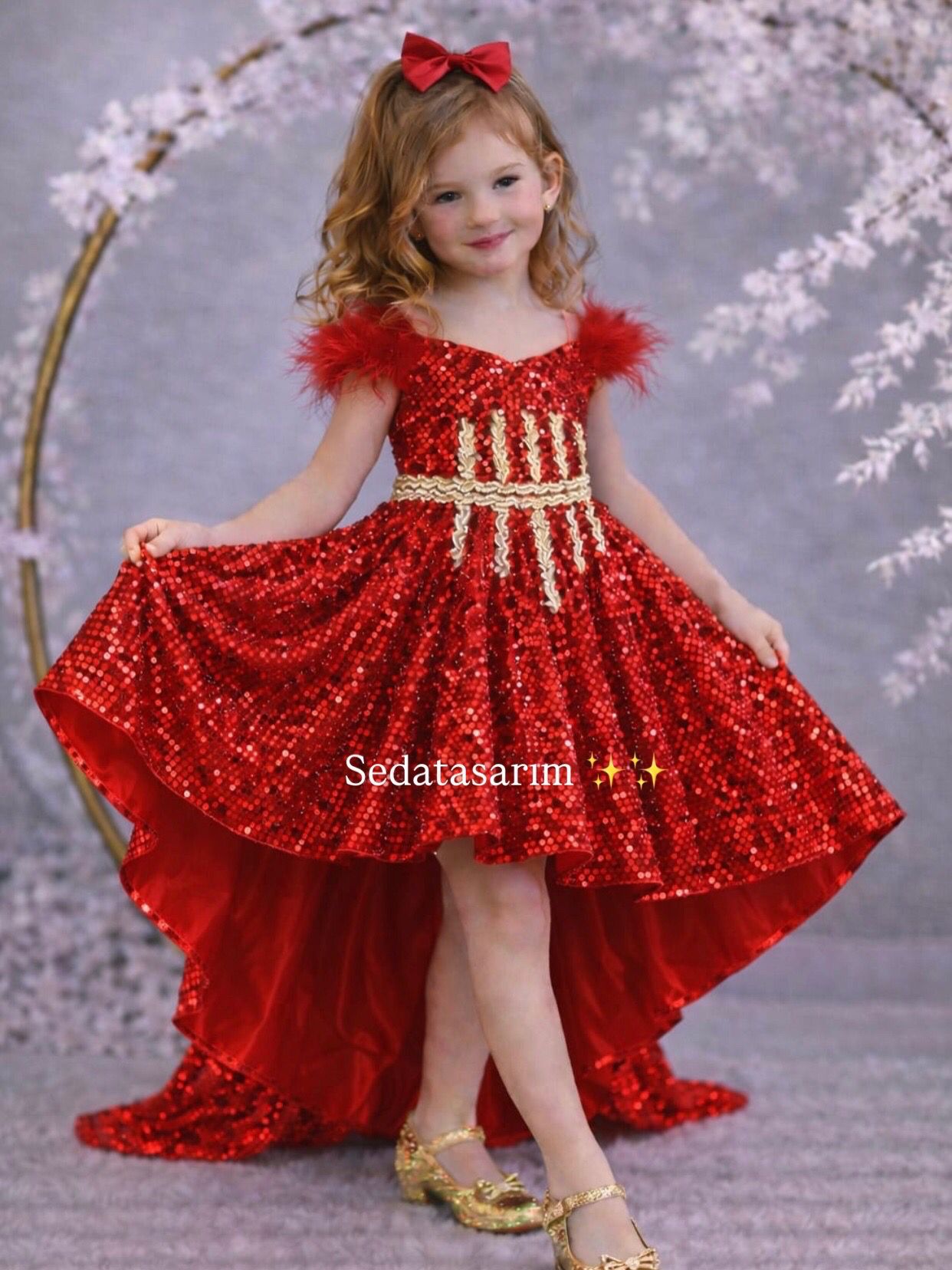 Violet - Kuyruklu Kırmızı Işıltılı Prenses Elbisesi - 1 Yaş / 12 Yaş - Kişiye Özel Üretim