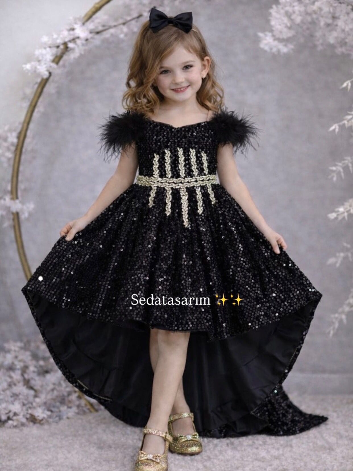 Violet - Kuyruklu Siyah Işıltılı Prenses Elbisesi - 1 Yaş / 12 Yaş - Kişiye Özel Üretim
