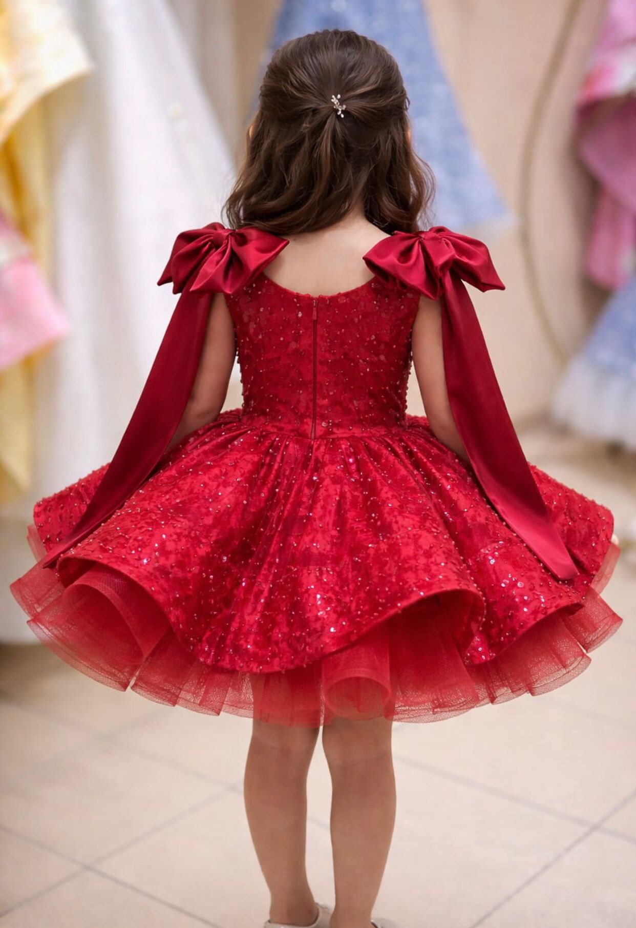 Rose - Kırmızı Işıltılı Prenses Elbisesi - 1 Yaş / 12 Yaş - Kişiye Özel Üretim