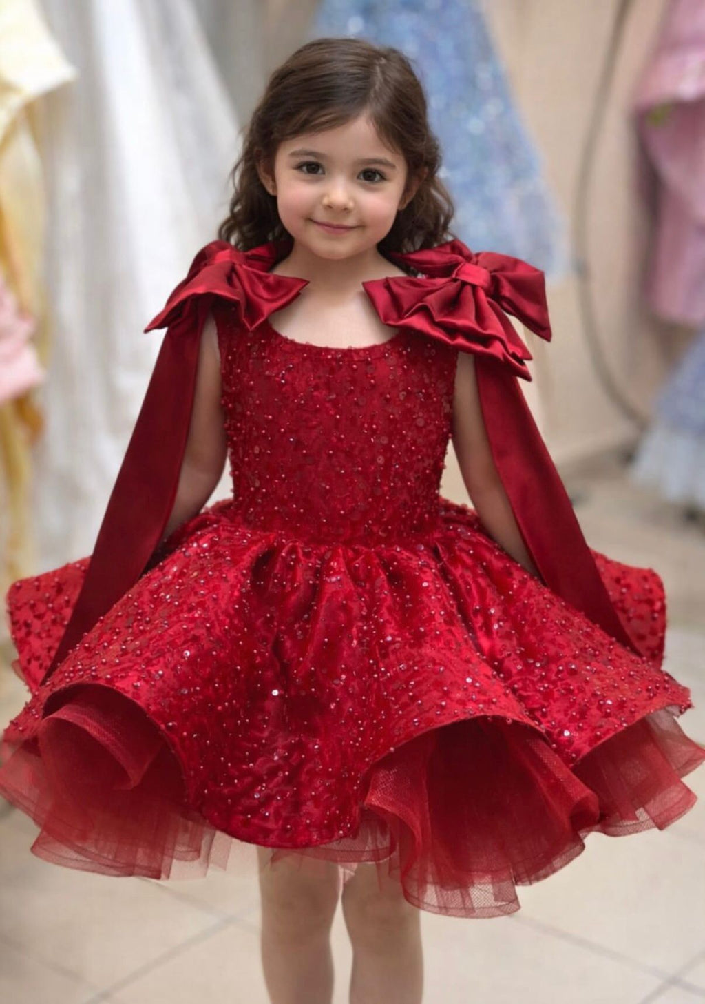 Rose - Kırmızı Işıltılı Prenses Elbisesi - 1 Yaş / 12 Yaş - Kişiye Özel Üretim