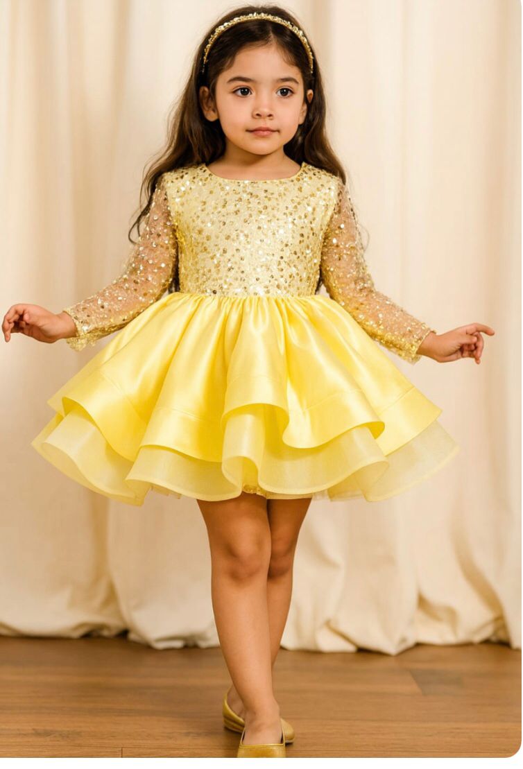 Starlit - Sarı Işıltılı Prenses Elbisesi - 1 Yaş / 12 Yaş - Kişiye Özel Üretim