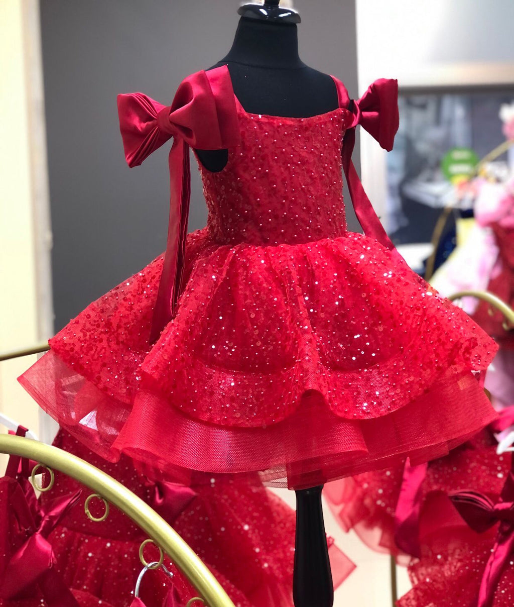 Liora - Kırmızı Işıltılı Prenses Elbisesi - 1 Yaş / 12 Yaş - Kişiye Özel Üretim