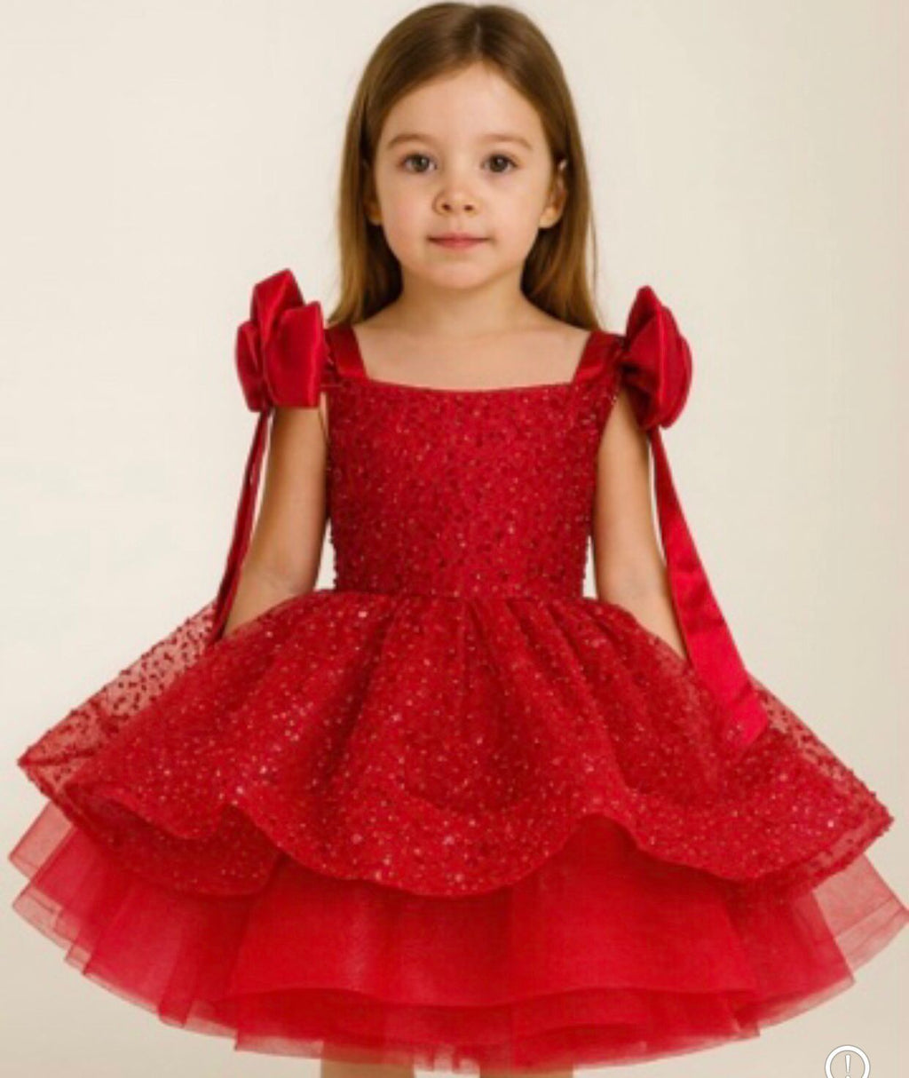 Liora - Kırmızı Işıltılı Prenses Elbisesi - 1 Yaş / 12 Yaş - Kişiye Özel Üretim